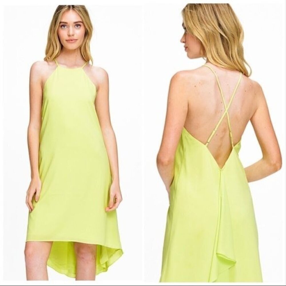 Lime green chiffon sleeveless halter hi-lo dress - Picture 1 of 12